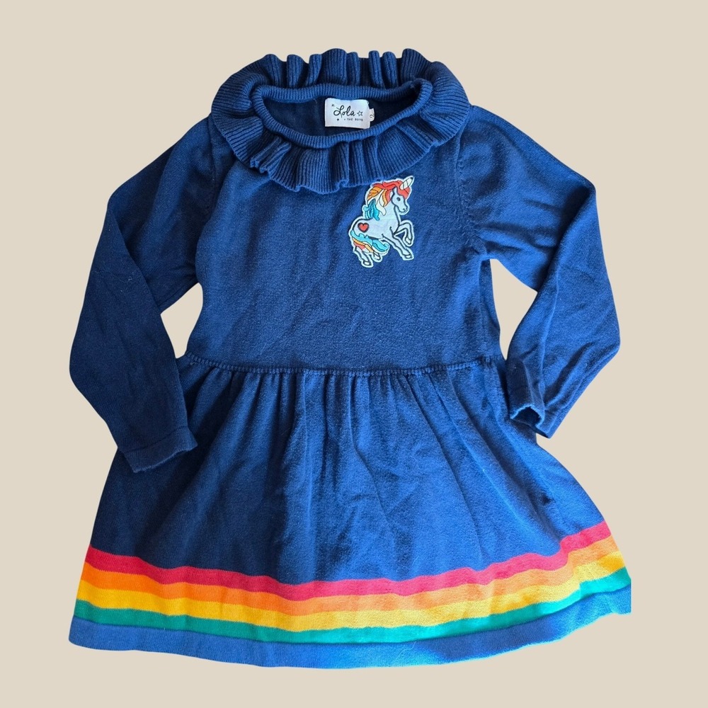 Lola + The Boys Navy Blue Unicorn Rainbow Ruffle Sweater Dress Girls Size 2